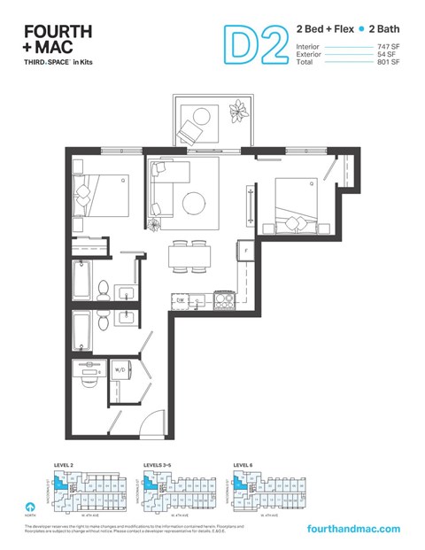 Floor plan for 2 beds, 2 baths, 747 sqft
